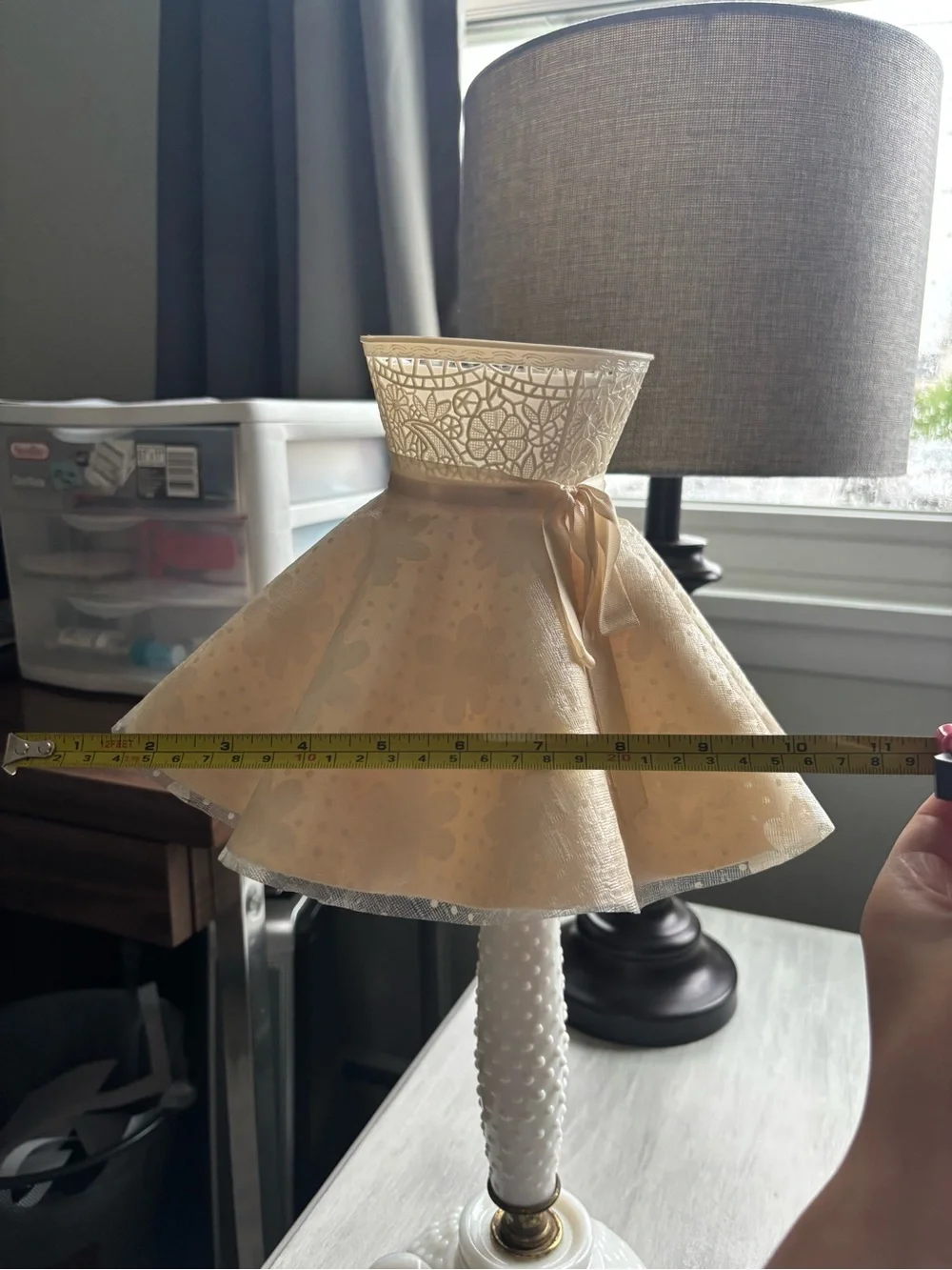 Vintage Elegant White Table Lamp with Cream Fabric Shade and Bow Accent